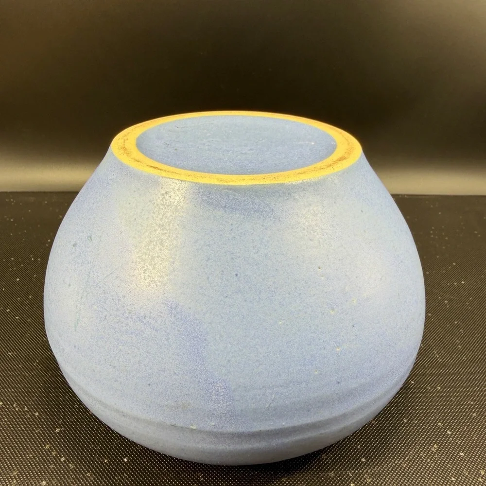 Antique Pale Blue Pottery Large Flower Frog 6-Hole Round Pottery Vase Vessel VTG
